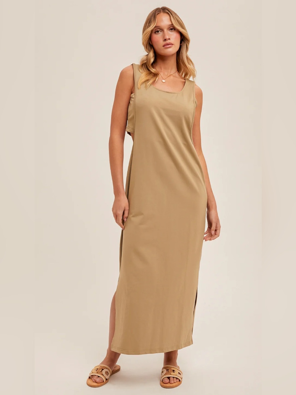 🆕 Hem & Thread Ellie Back Twist Strap Midi Dress- Creamy Olive NWT SZ LG